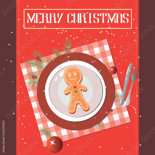 Plate with gingerbread Christmas cookies. Top view vector illustration for new year and winter holiday design.