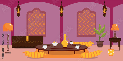 Vector illustration of a beautiful arabic interior room. Cartoon interior with table, chest, curry, coffee, jug, drum, flowerpots, lamp.
