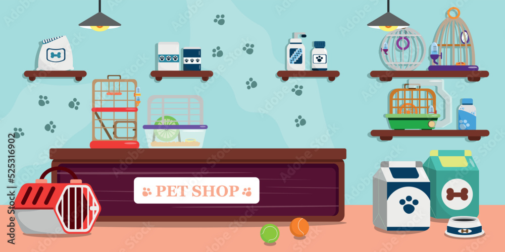Vector illustration of a funny interior pet shop. Cartoon interior with cages for parrots and hamsters, food, toys. Vector illustration of a funny interior pet shop. Cartoon interior with cages for parrots and hamsters, food, toys.