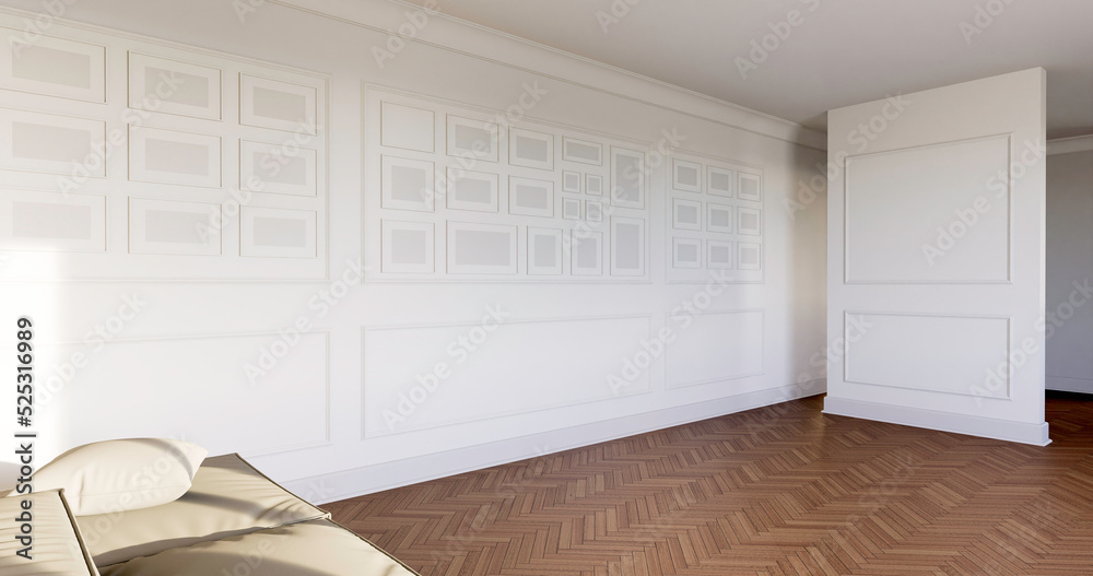 Wnętrze,  pokój z białymi ścianami i ozdobnymi sztukateriami. Dębowa klasyczna podłoga. 3d rendering - obrazy, fototapety, plakaty 
