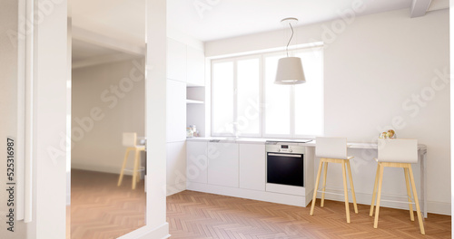 Wnętrze, kuchnia z białymi ścianami i szafkami. Dębowa klasyczna podłoga. 3d rendering © hunter76
