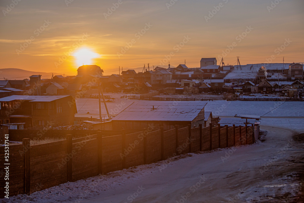 Village, winter,  sunrise , landscape, sunset,