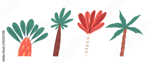Cute hand drawn palm tree set, cartoon flat vector illustration isolated on white background. Collection of palm trees in stylized naive art style. Summer vacation concept.