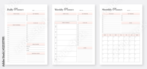 Daily, weekly, monthly planner template. 3 Set of minimalist planners. Printable Daily Weekly Monthly Planner Templates. Minimalist planner pages templates set.