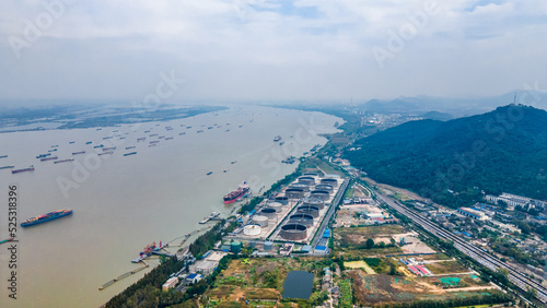 Aerial photography of the Beijing-Shanghai Railway and the Yangtze River Industrial Zone at Qixiashan North Station, Nanjing City, Jiangsu Province, China under the cover of smog and industrial pollut
