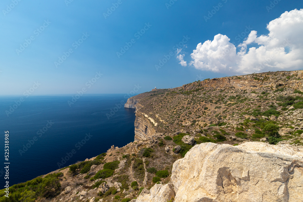 The impressive Dingli cliffs on Malta’s Western coast. They stage the highest point of Malta around 253 metres above sea-level. Views are breathtaking, overlooking the small terraced fields below