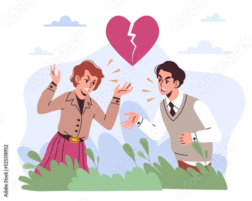 Conflict in relationship between man and woman, aggressive disputes. Family emotional conversation, broken heart. Unhappy angry people, wife and husband. Vector cartoon flat concept