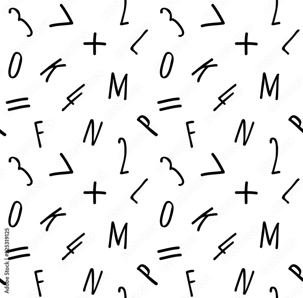 Vector seamless pattern of hand drawn sketch doodle numbers and letters isolated on white background Vector seamless pattern of hand drawn sketch doodle numbers and letters isolated on white background