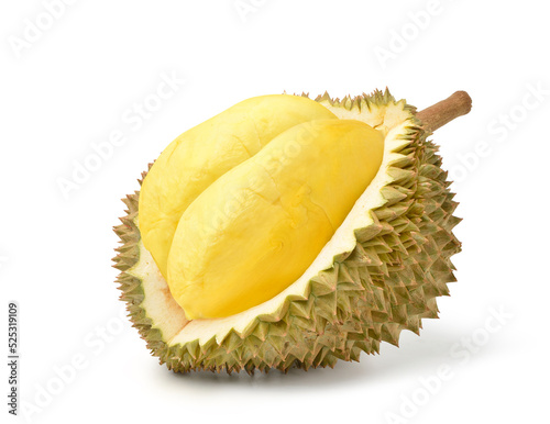 Durian fruit cut in half isolated on white background. Clipping path.