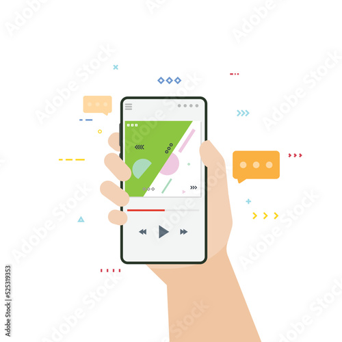 Musical or audiobook app on phone with player cover. Audio books and music listening. Hand holding smartphone with book app. Flat style vector illustration. Phone and audio illustration.