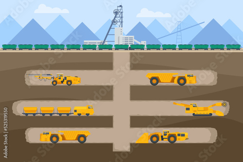 Isometric construction underground and open pit mining quarry. Factories or industrial plants, heavy industry. Equipment for high-mining industry. Excavator, truck for haul, dump