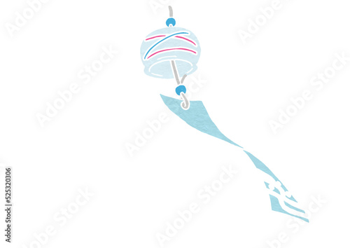 揺れる水色紙の風鈴のアオリ視点イラスト（版画風）