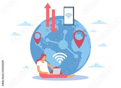 Online space with elements of technology, devices using a web connection. Woman with laptop transmits and receives information, uses Wi-Fi, satellite Internet. Vector cartoon flat concept