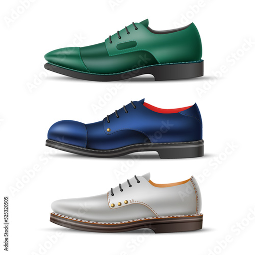 Realistic classic men shoes types. Isolated male natural leather footwear side view, different shapes and colors, green blue and gray elegance boots with lacing, 3d elements utter vector set