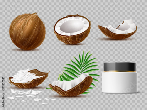 Realistic coconut. Blank butter packaging, cream jar. Whole, half and pieces nut, green palm leaf, natural healthy dry raw food, 3d exotic plant. Dairy or cosmetic utter vector isolated set