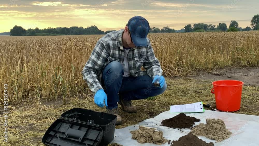 Agronomy specialist performing experiment outdoors, determining soil pH ...