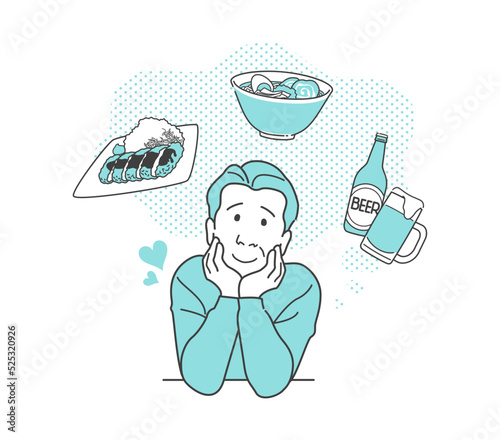 ハイカロリーな大好物を妄想する笑顔の中年男性　とんかつ　ラーメン　ビール
