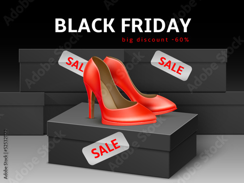 Sale shoes banner. Black friday discount advertising poster with classic female red footwear high heels, realistic box, special offer, promotion advertising template, utter vector concept