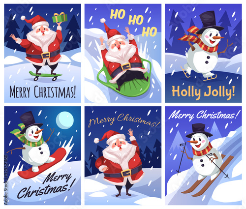 Santa cards. Xmas funny characters posters, cute congratulatory inscriptions, cartoon snowman skiing, snowboarding and skating, winter extreme sport, holiday postcard, tidy vector set