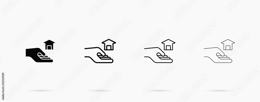 Naklejka premium Hand hold house line icon. Give shelter vector concept. Sale and purchase of housing vector