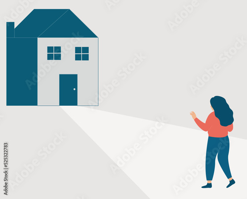 Sad woman looks at her house and can't reach it. Teen girl unhappy going to an orphanage. Child victim of her parents divorce wants to go back to her home. Homeless and domestic abuse concept. Vector
