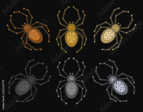 Set of six spiders made of various metallic chains, ball beads, buttons. Creative spooky, scary, horror design element for halloween decor. Colorful vector illustration