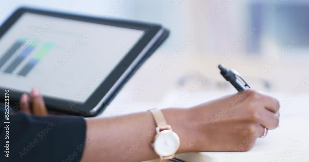 5g internet, web and financial charts data on a digital tablet with a business woman writing. Fintech accountant employee reading, working and planning a finance, accounting and corporate strategy