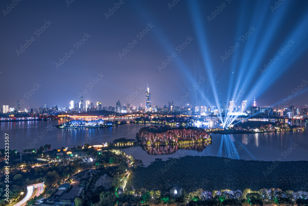 Fototapeta premium Aerial photography of Xuanwu Lake Scenic Spot and Greenland Zifeng Building in the distance, Nanjing City, Jiangsu Province, China