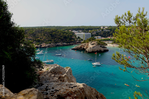 Cala Galdana (Galdana cove) is a coastal resort in Menorca, Spain. Cala Gandala bay and beach, aerial view 