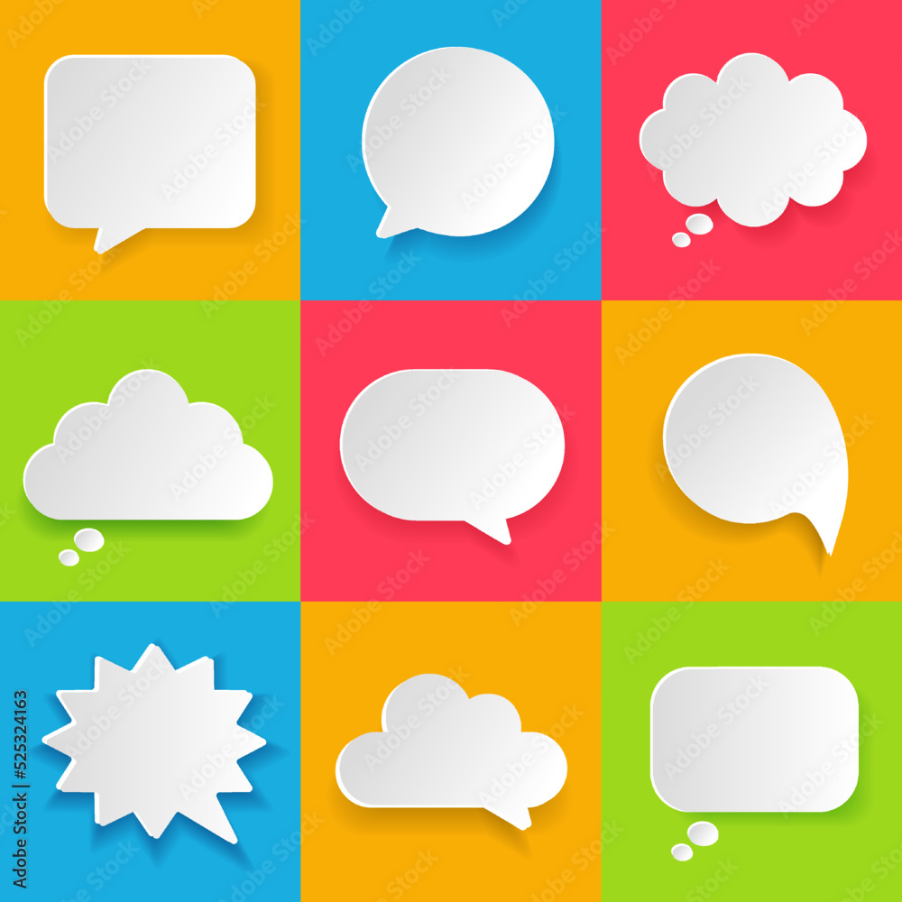 White blank speech bubbles, speak balloon,  thinking balloon, chatting box, message box set on colorful background for UI website mobile app