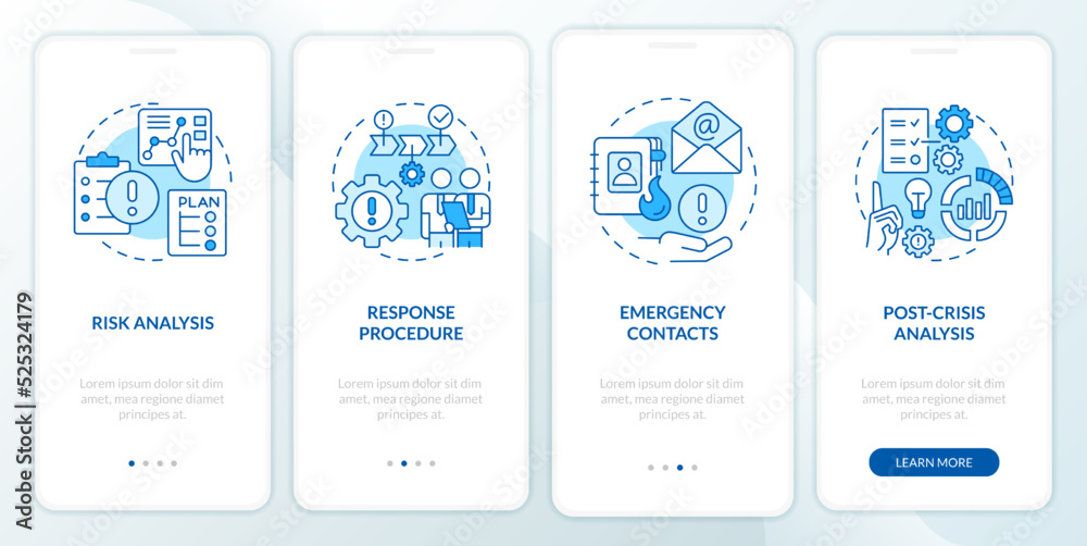 Crisis management plan blue onboarding mobile app screen. Walkthrough 4 steps editable graphic instructions with linear concepts. UI, UX, GUI template. Myriad Pro-Bold, Regular fonts used