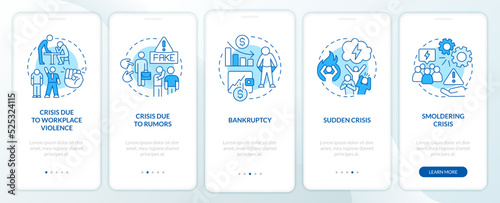Types of risks blue onboarding mobile app screen. Business issues walkthrough 5 steps editable graphic instructions with linear concepts. UI, UX, GUI template. Myriad Pro-Bold, Regular fonts used