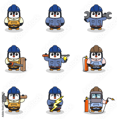 Vector illustration of Penguin Construction, builder, electrician, welder and handymen cartoon. Cute Penguin engineers workers, builders characters isolated cartoon illustration.
