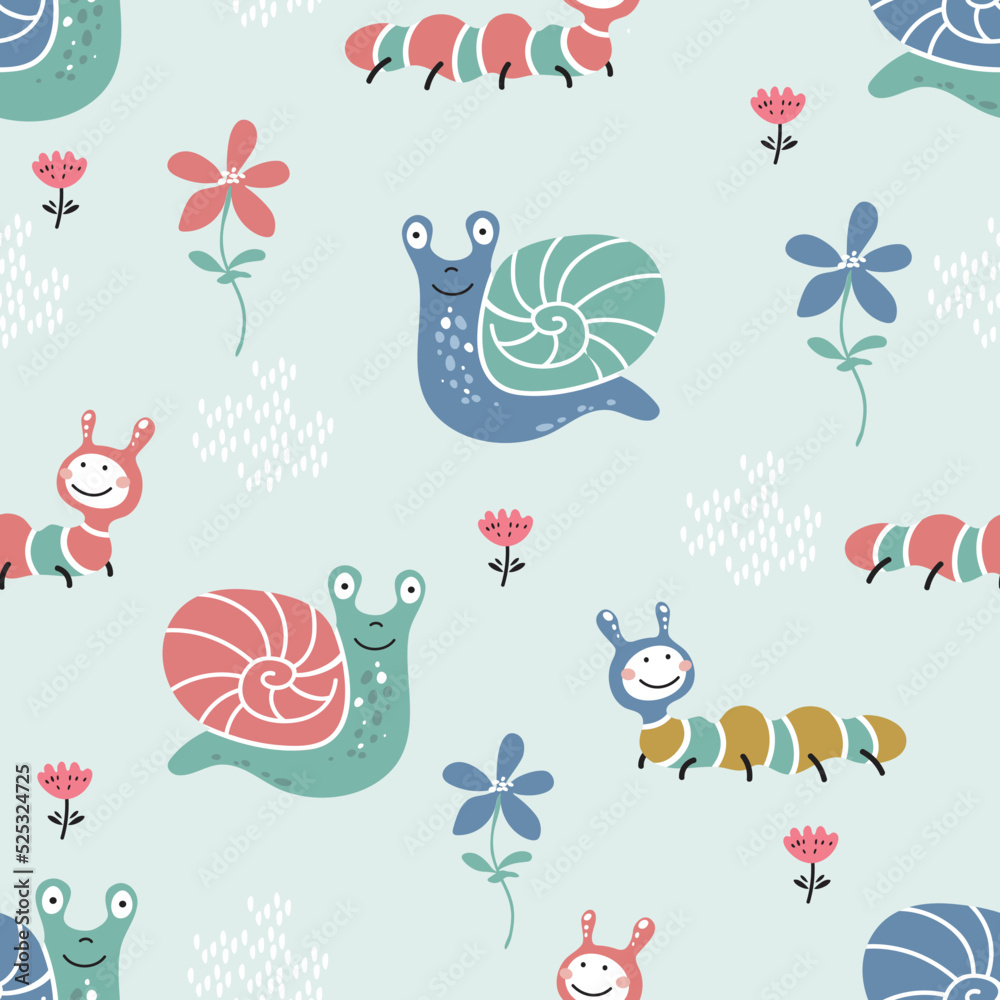 Seamless patten with caterpillars, snails and flowers. Can be used for kids clothes design, prints and posters.