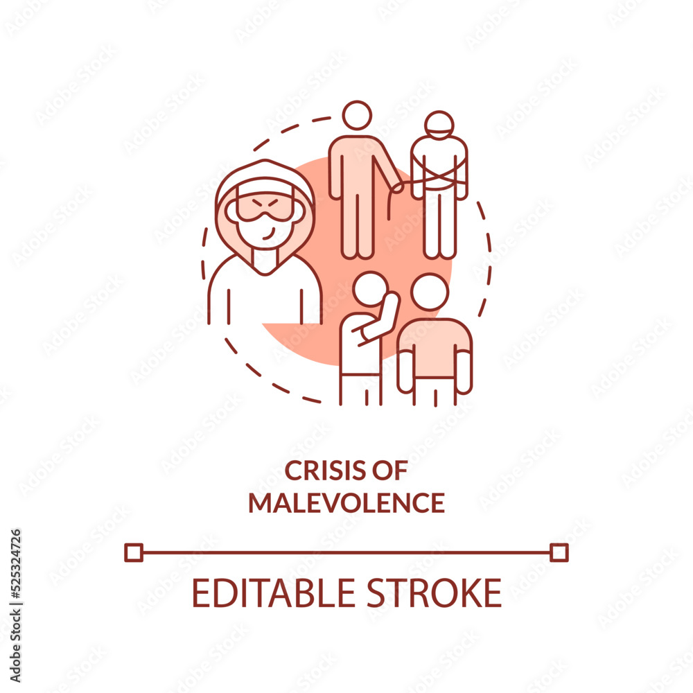 Crisis of malevolence red concept icon. Reputation damage. Type of crisis abstract idea thin line illustration. Isolated outline drawing. Editable stroke. Arial, Myriad Pro-Bold fonts used