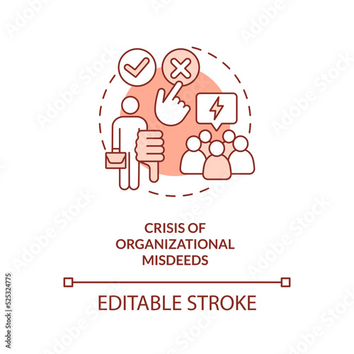 Crisis of organizational misdeeds red concept icon. Type of crisis abstract idea thin line illustration. Isolated outline drawing. Editable stroke. Arial, Myriad Pro-Bold fonts used