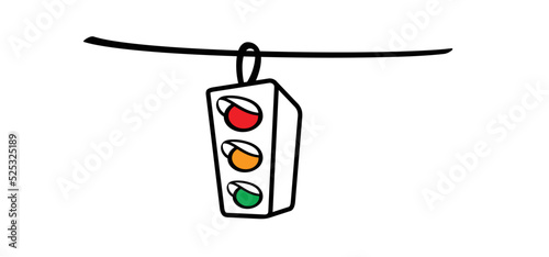 Hanging stoplight. Cartoon, comic street traffic light. Drawing traffic lights signal icon or sign. Red, yellow and green. Road symbol. Signals for navigation. Stop, wait or go signboard.