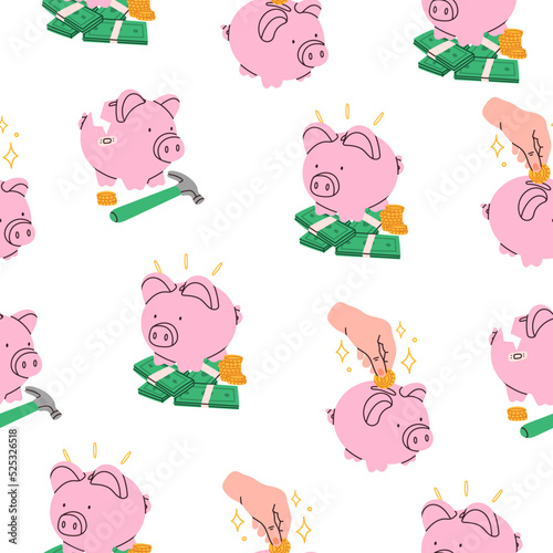 Piggy bank set. Piggy on a stack of money, hand putting coin into piggy bank, broken pig. Earning money, savings, investment, business advertising concept. Hand drawn Vector seamless pattern