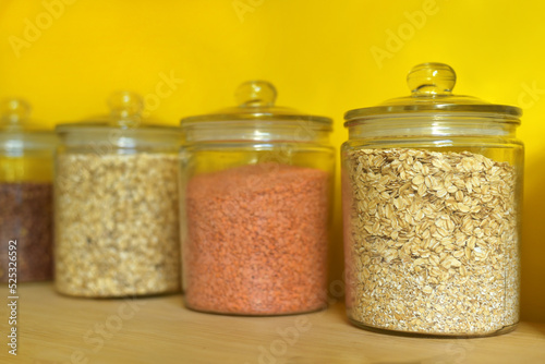 Glass jars with cereals. Kitchen
