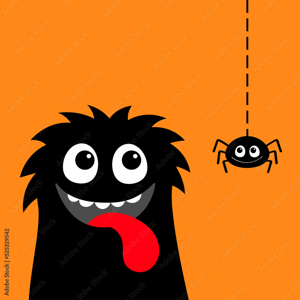 Monster black head face silhouette. Spider hanging on web line. Happy Halloween. Cute Funny Kawaii cartoon baby character. Showing tongue. Smiling face. Boo. Flat design. Orange background.