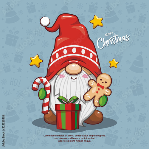 Cute Christmas Gnome With Gift Box, Candy Cane, Gingerbread Cookies, And Stars On Seamless Background. Cute Cartoon Illustration