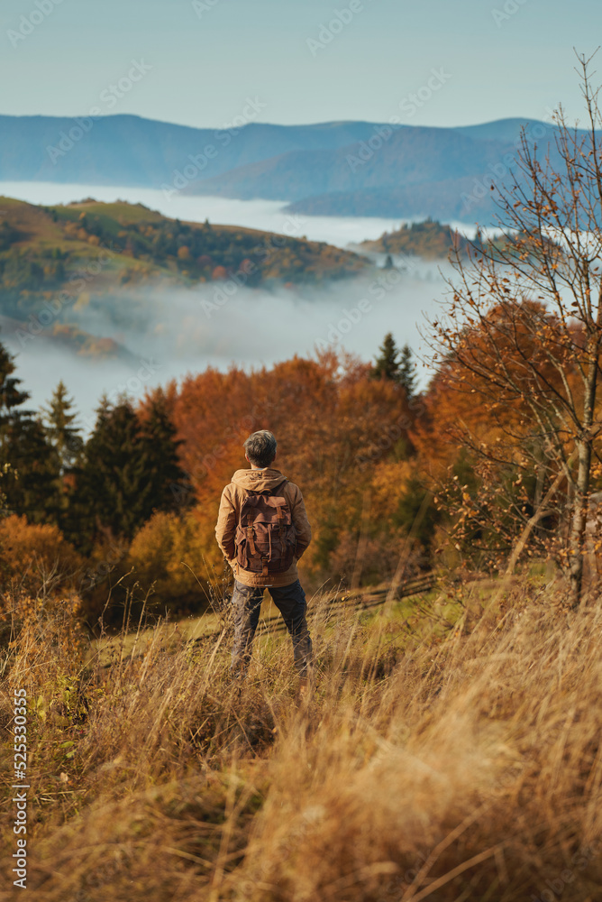 Rear view male hiker with backpack stands on mountain meadow at early morning, looking around, enjoys beautiful view Man hiker in Carpathian mountains, Ukraine Rear view male hiker with backpack stands on mountain meadow at early morning, looking around, enjoys beautiful view Man hiker in Carpathian mountains, Ukraine