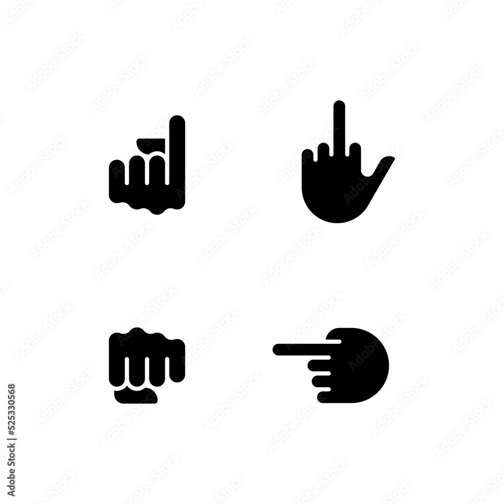 Pointing fingers and fist black glyph icons set on white space. Hand gestures usage. Body language performance. Silhouette symbols. Solid pictogram pack. Vector isolated illustration Pointing fingers and fist black glyph icons set on white space. Hand gestures usage. Body language performance. Silhouette symbols. Solid pictogram pack. Vector isolated illustration