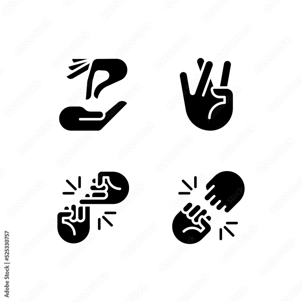Using gestures for communication black glyph icons set on white space. Easy interaction process. Hands position. Silhouette symbols. Solid pictogram pack. Vector isolated illustration Using gestures for communication black glyph icons set on white space. Easy interaction process. Hands position. Silhouette symbols. Solid pictogram pack. Vector isolated illustration