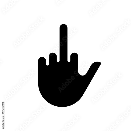 Middle finger black glyph icon. Obscene hand gesture. Offensive non verbal message. Conflict visibility. Silhouette symbol on white space. Solid pictogram. Vector isolated illustration