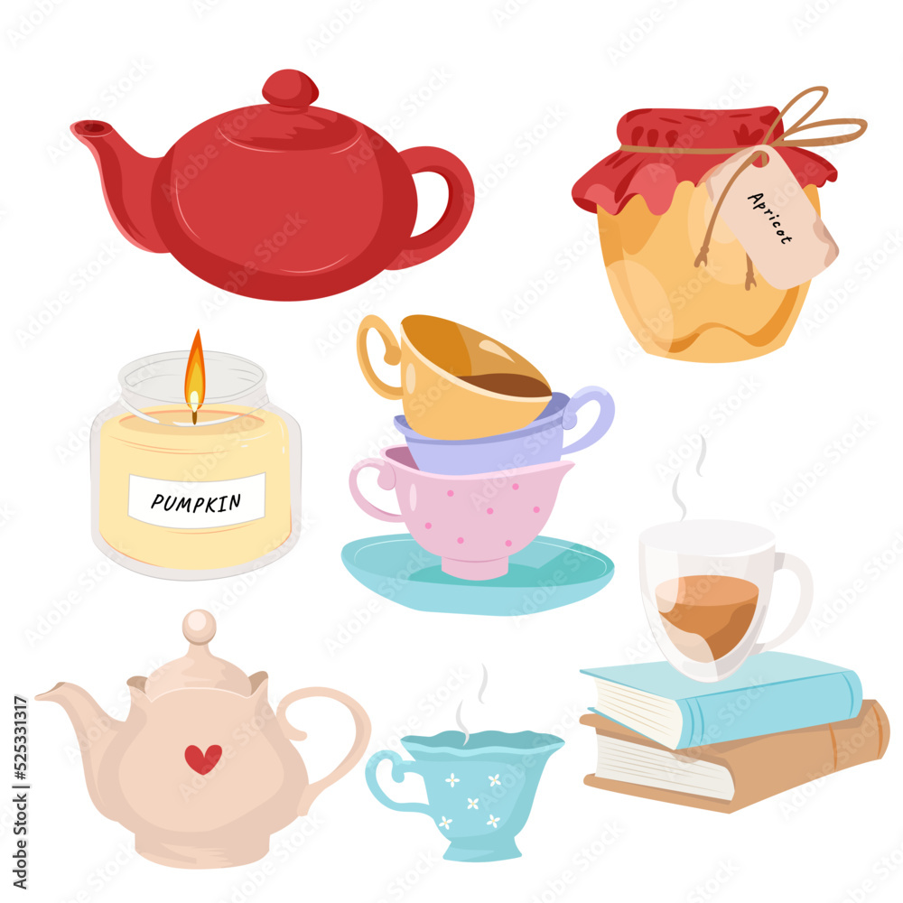 Cozy autumn set . Honey, cups, cup of coffee, books, teapot, scented candle.