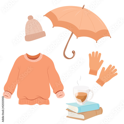 Cozy autumn set with sweater, hat, gloves, umbrella, books, cup of coffee. Autumn stickers.