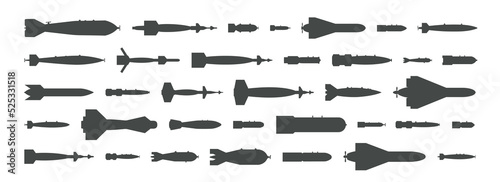 Air bomb top view icon. Black silhouette of aircraft rockets, ballistic missiles, torpedos, atomic warhead icons. Armament elements for military design. Isolated vector logos on white background.