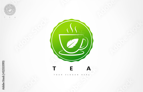 Cup with tea and saucer and tea leaf logo vector. Teahouse cafe design.