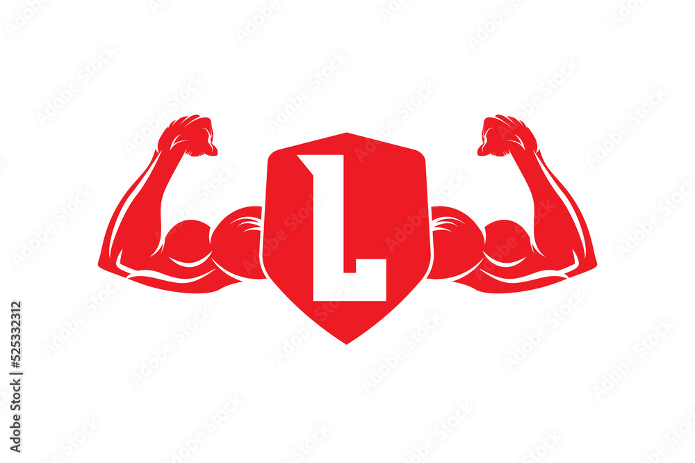 Letter L logo icon design template elements, with bicep flex and shield. Letter L logo icon design template elements, with bicep flex and shield.